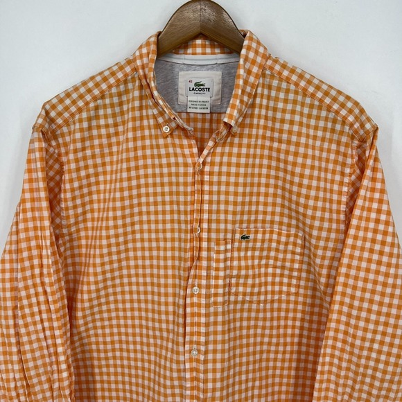 Lacoste Long Sleeve Button Shirt Men's 2XL Orange Check Print Classic Fit 45 - Picture 2 of 10